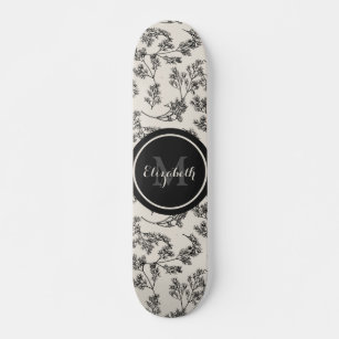 Skateboard Patrón y monograma botánico floral vintage negro