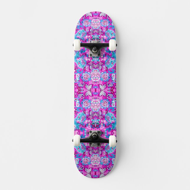 Skateboard Patrones de flores rosadas azules (Anverso)