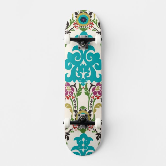 Skateboard Patrones florales Damask Plum Turquoise (Anverso)