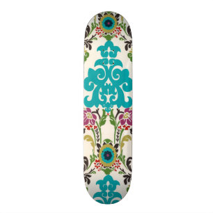 Skateboard Patrones florales de Damasco Pluma Turquesa