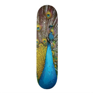 Skateboard Pavo real con plumas Verde azuladas azules y dorad