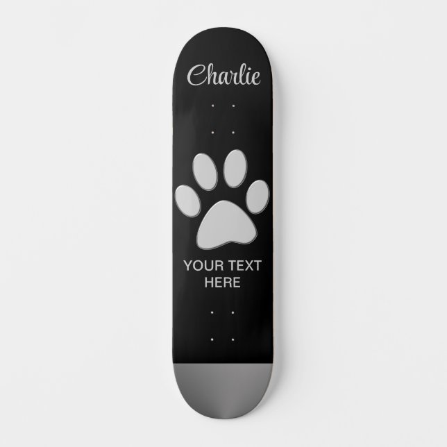 Skateboard Paw de perro plateado sobre fondo negro (Anverso)