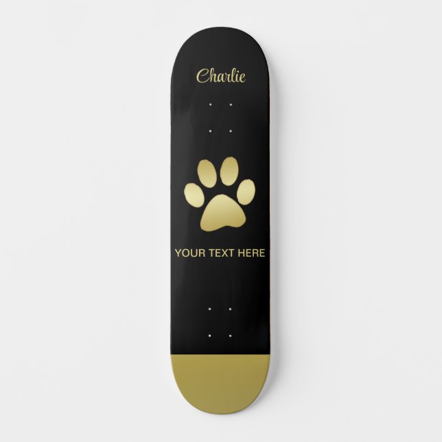 Skateboard Paw dorada de perro brillante sobre fondo negro (Anverso)