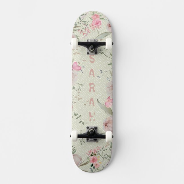 Skateboard Peonía y Mariposas Sage Estética (Anverso)