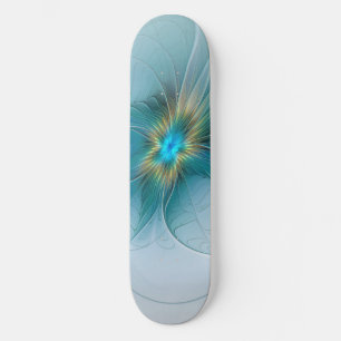 Skateboard Pequeña belleza arte fractal flor azul moderno oro