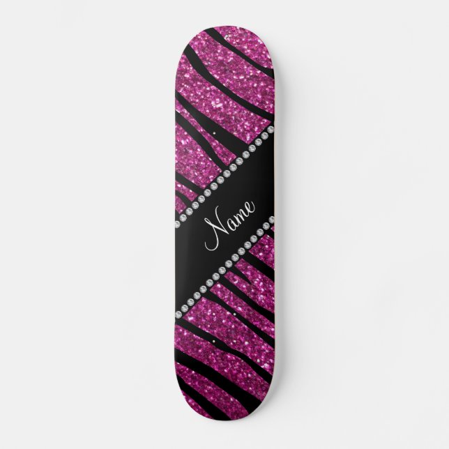 Skateboard Personalice el nombre purpurina rosa rayas de cebr (Anverso)