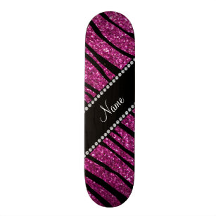 Skateboard Personalice el nombre purpurina rosa rayas de cebr