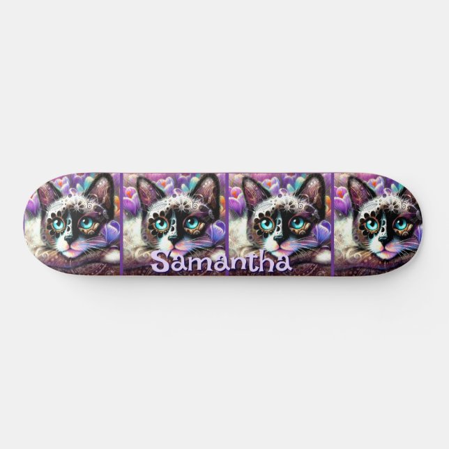 Skateboard Personalizado crocus floral de gato blanco gitano  (Horz)