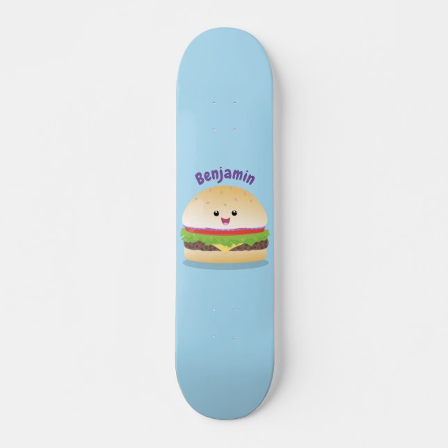 Skateboard Personalizado de hamburguesa kawaii feliz (Anverso )