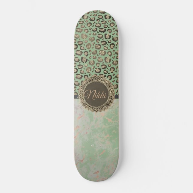 Skateboard Personalizado de Leopardo de oro Purpurinoso de má (Anverso)