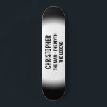 Skateboard Personalizado El Monograma Blanco Negro Del Hombre<br><div class="desc">Que todos sepan quién es el hombre de la calle,  el hombre puede u oficina con esta épica cubierta urbana. Personalizado con nombre y estilo tipográfico cita "El hombre - el mito - la leyenda. Arte callejero de estilo urbano con colores clásicos en blanco y negro.</div>