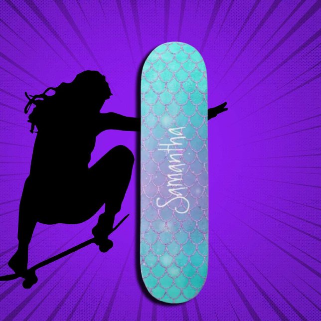 Skateboard Personalizado Girly Purpurina Sirena azul y rosa (Girl Power, Original and best online Zazzle skateboard shop- Urban Warrior)