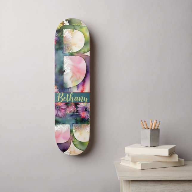 Skateboard Personalizado Monograma B Tono de joyería Floral (Arte de la pared)
