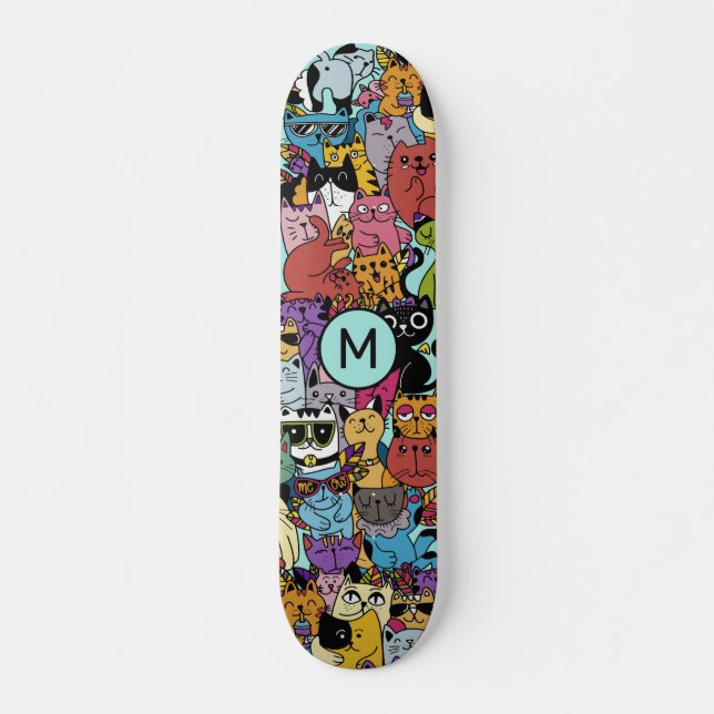 Skateboard Personalizado Monograma Gracioso Gatos Ilustracion (Anverso )