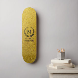 Skateboard Personalizado Monograma Negro y Dorado Brillante