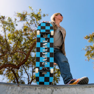Skateboard Personalizado Neon Blue Black Resumen Arte Geométr
