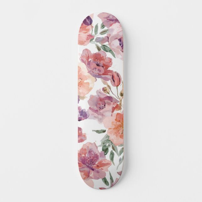Skateboard Pétalos de melocotón Flores de acuarela Botánico F (Anverso)