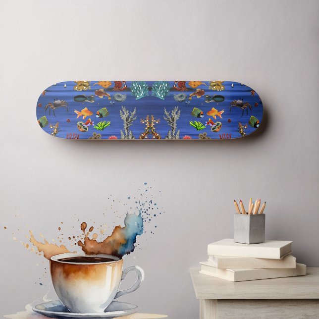 Skateboard Pez dorado Vida marina del océano Azul Mar Coral (Goldfish Marine Ocean Life Blue Sea Coral Skateboard)