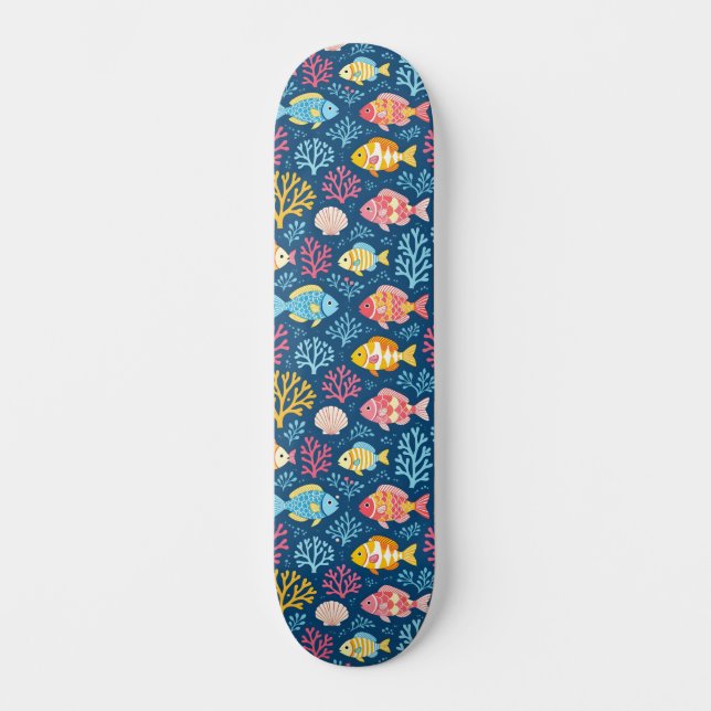 Skateboard Pez y coral azul náutico (Anverso)