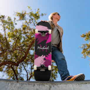 Skateboard Pinceladas tonos de rosa intenso nombre con monogr