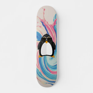 Skateboard Pingüino Genial Con Gafas de Sol Pintura Rosa y Az