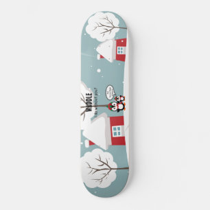 Skateboard Pingüino Gris Y Bebé En Nieve De Invierno