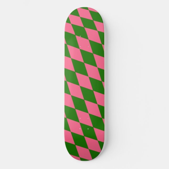 Skateboard Pink Green Harlequin Checkered Design  (Anverso)