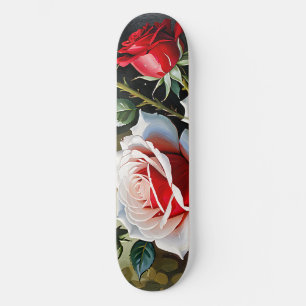 Skateboard Pintura al óleo de rosas rojas blancas rosadas bon