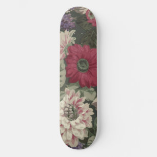 Skateboard Pintura de flores vintage rojas rosadas azules bla