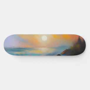 Skateboard Pintura de olas de mar azul claro bajo el sol
