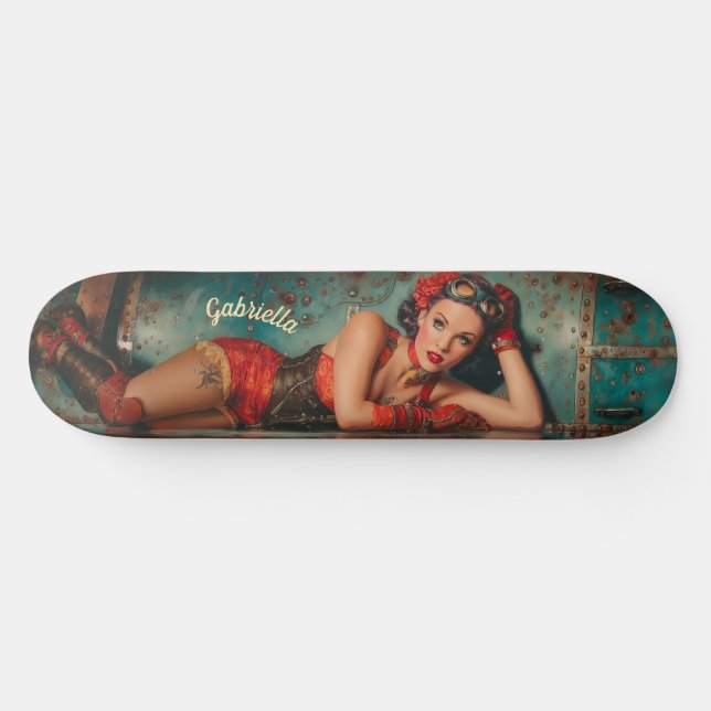 Skateboard Pintura retro-futurista de Steampunk pinup chica (Horz)
