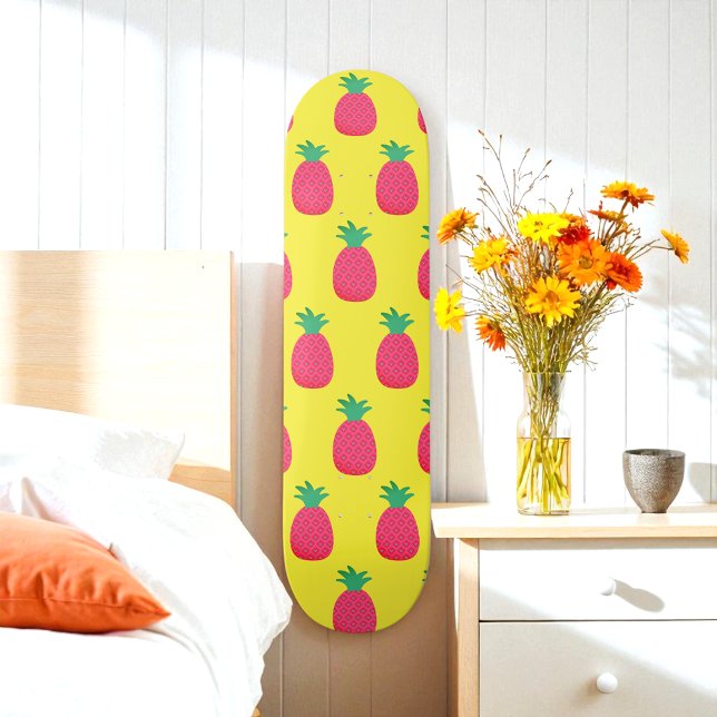 Skateboard Placa de patrón tropical de piña rosa amarillo (Subido por el creador)