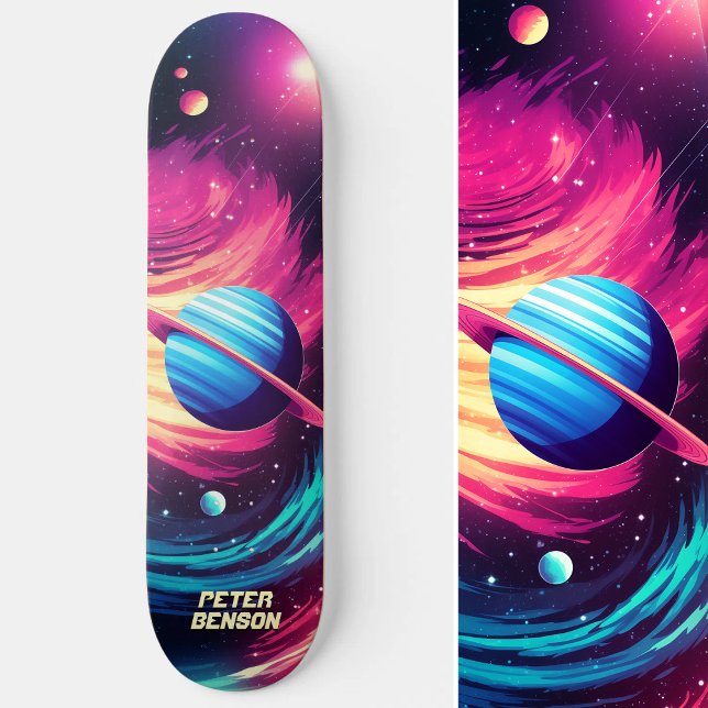Skateboard Planetas del Universo Cósmico Rosa y Azul (Cosmic Universe Planets Pink & Blue Skateboard)