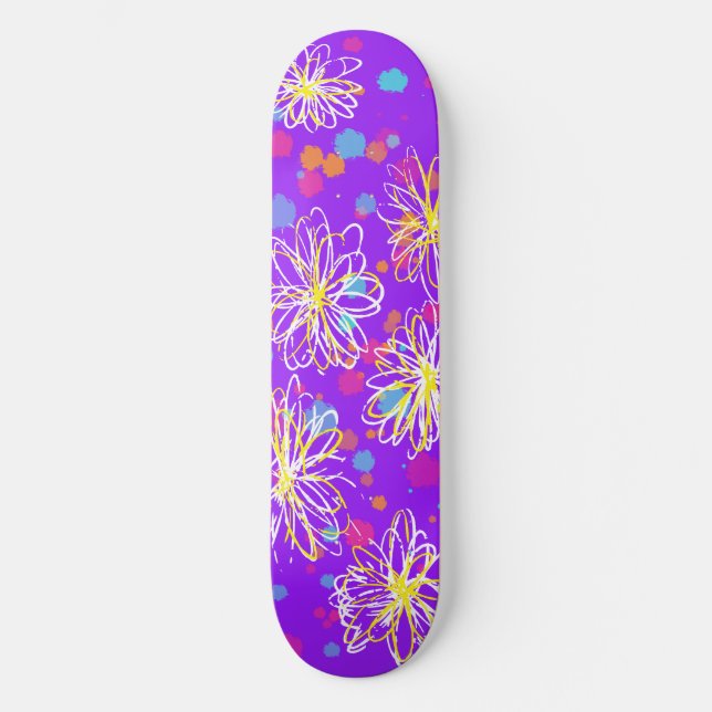 Skateboard Plantas de pintura y diseño floral inky - púrpura (Anverso)