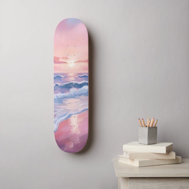 Skateboard Playa Cotton Candy | Pintura de olas de océano ros (Arte de la pared)