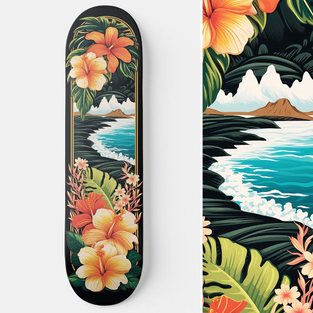 Skateboard Playa de Paraíso Tropical y Arte de Flores (Tropical Paradise Beach & Flowers Art Skateboard)