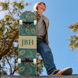 Skateboard Pluma de pavo real Paisley Verde azulado Dorado No