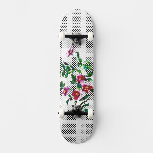 Skateboard Polka-puntos blanco y negro rosa de época (Anverso)
