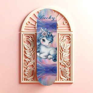 Skateboard Polvo de Hada Unicornio Femenino Rosa Brillo Azul