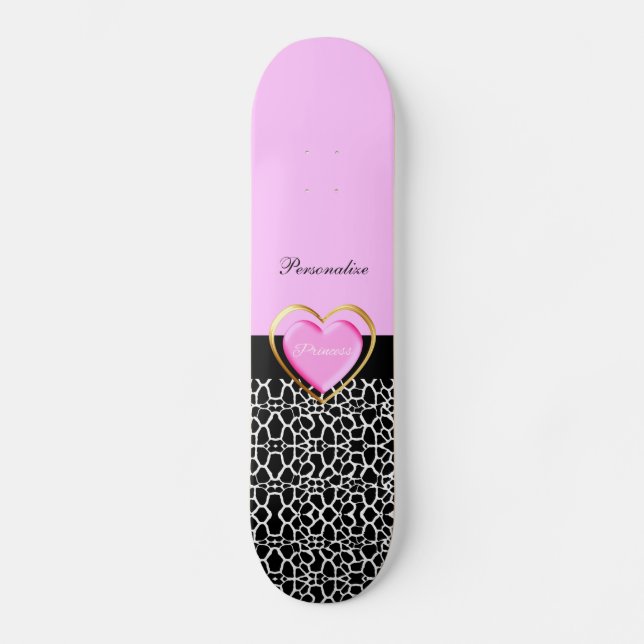 Skateboard Princesa negra rosada femenina estampado de girafa (Anverso)
