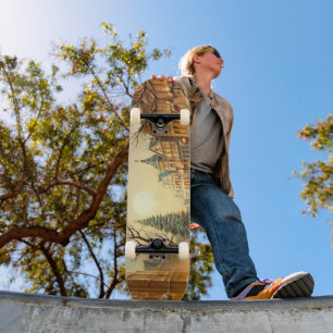 Skateboard Pueblo navideño invernal vintage con nieve