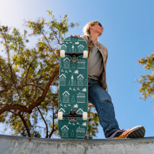 Skateboard Pueblo navideño nórdico nevado