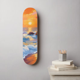 Skateboard Puesta de sol en la playa Orange pintada en la cos