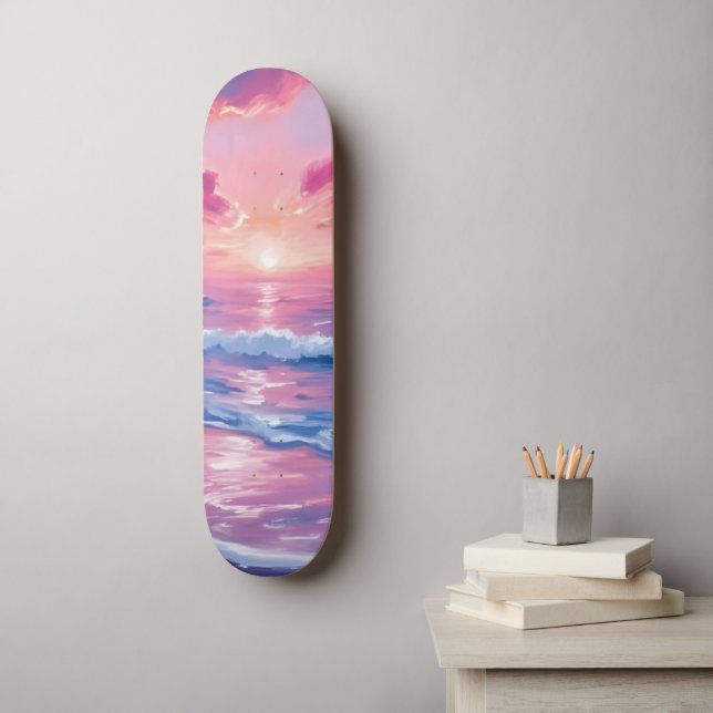 Skateboard Puesta de sol oceánica rubor olas acuarela (Arte de la pared)
