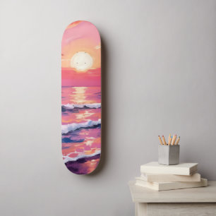 Skateboard Puesta de sol rosa olas de océano púrpura acuarela