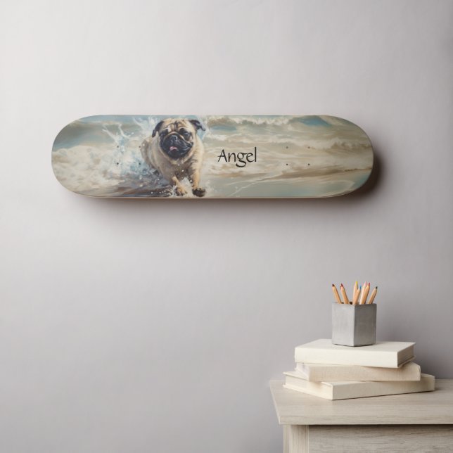 Skateboard Pug feliz en el personalizable de la playa (Arte de pared (horz))