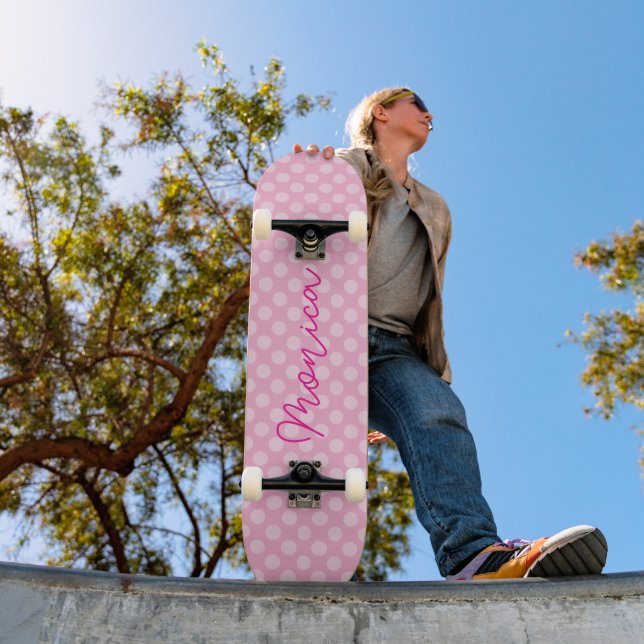 Skateboard Punto de polka rosa claro personalizado (Exterior 1)