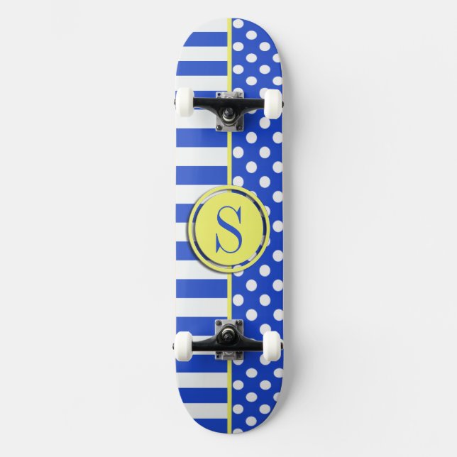 Skateboard Puntos reales del Polka Azul y franjas-Monograma S (Anverso)