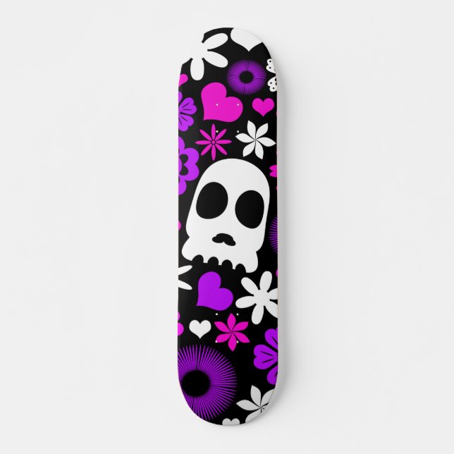 Skateboard Púrpura, rosa y blanco Skull y patrón floral (Anverso )