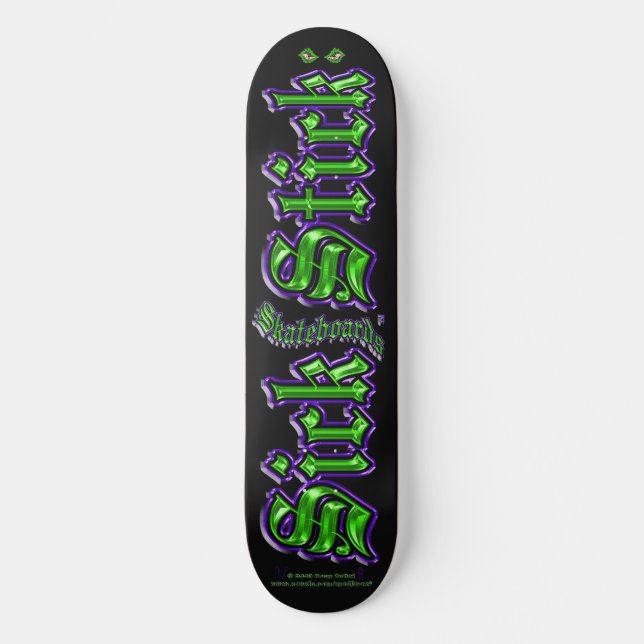 Skateboard Púrpura y verde en negro ~ Sick Stick Logotipo Pro (Anverso)